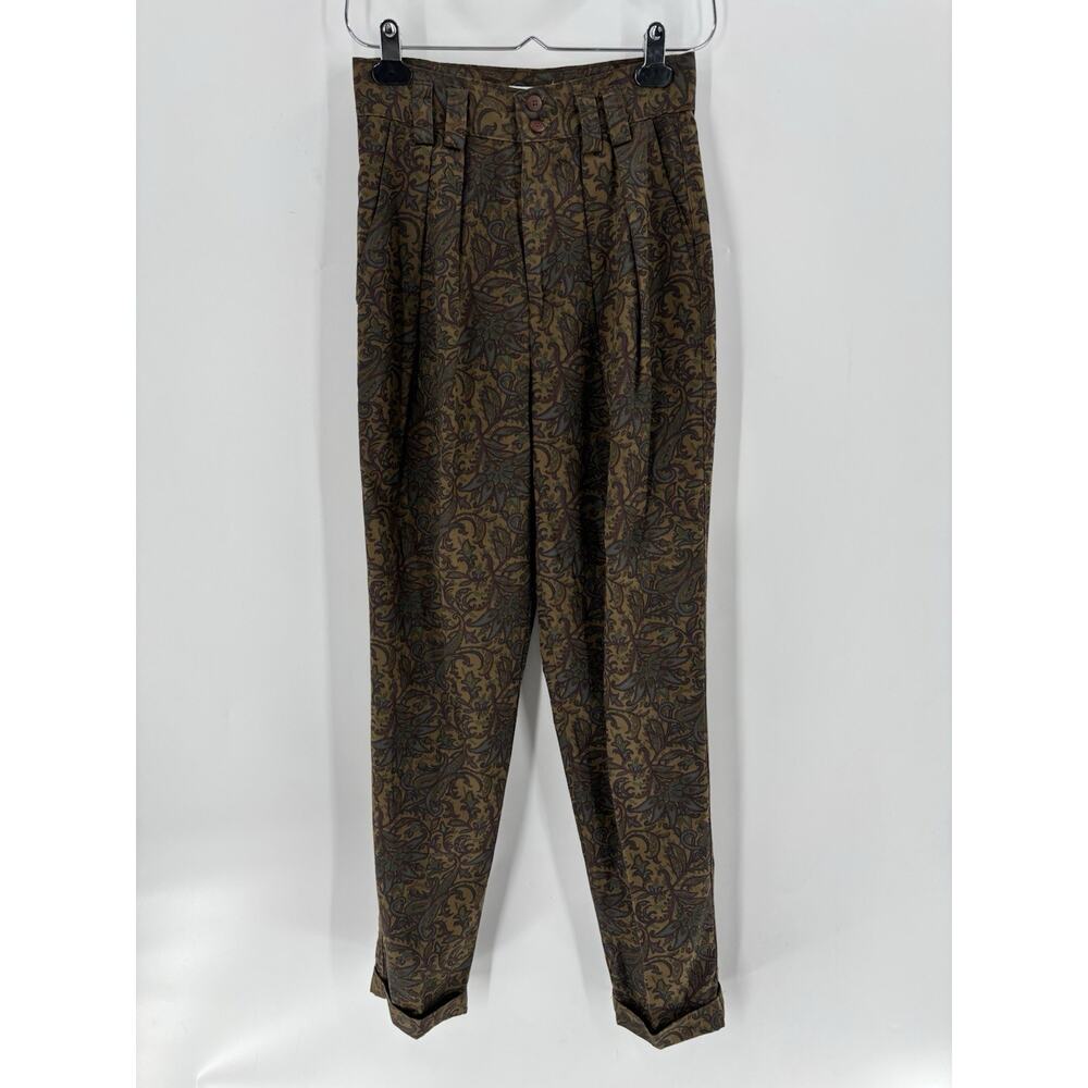 Vintage Sycamore Pants Womens XS Brown Green Paisley Pleated Pockets 80s Retro